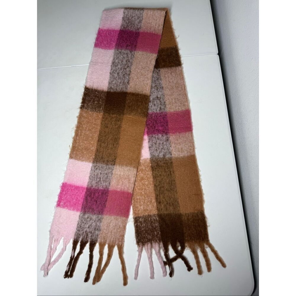Marcus Adler Oversized Fluffy Plaid Scarf 10” X 72” Pink Brown